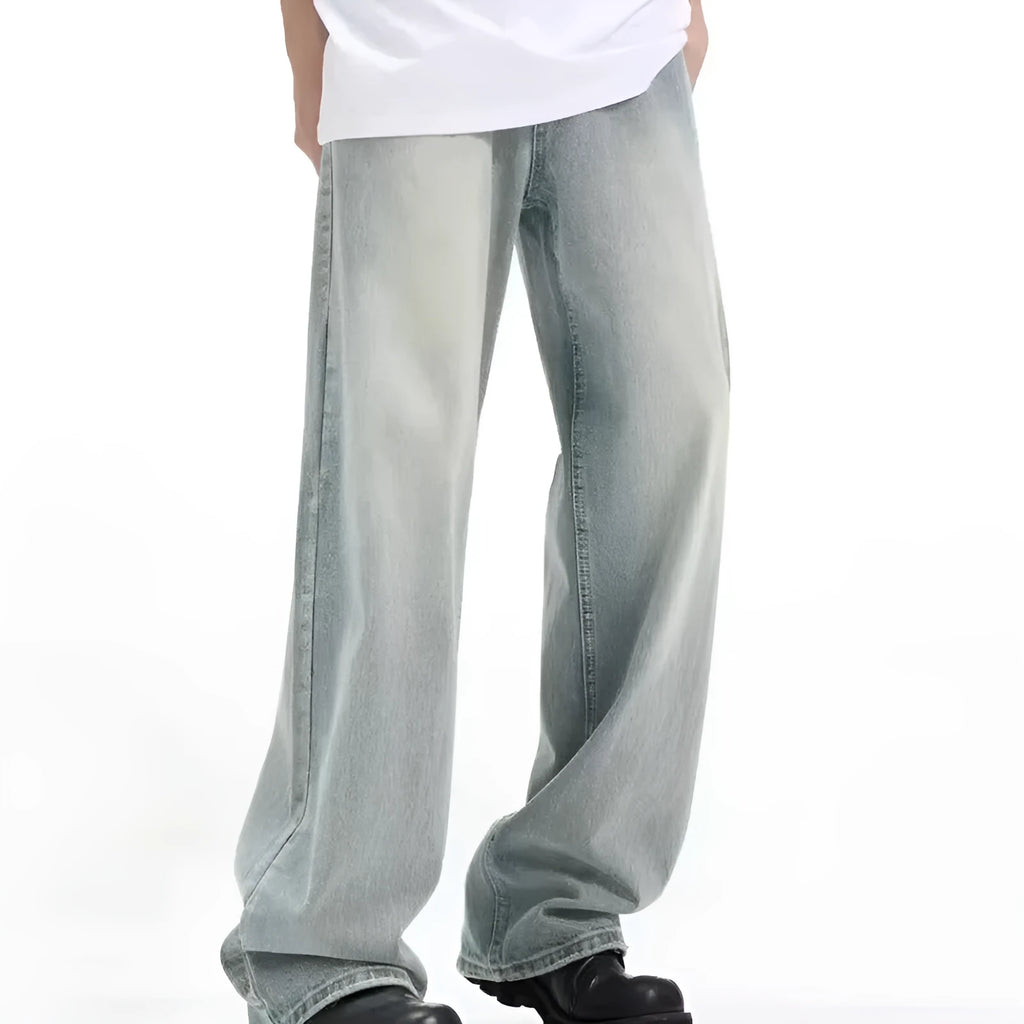 Blue retro-style loose casual trousers made from rabbit fur fabric on a plain background.