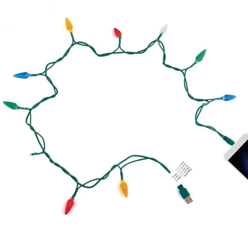Green USB charging cable with 10 flashing LED lights for device charging and room decoration