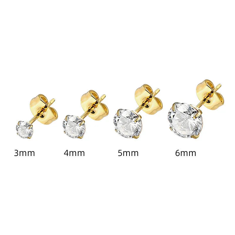 Square geometric stainless steel zircon stud earrings in gold and steel colour finishes