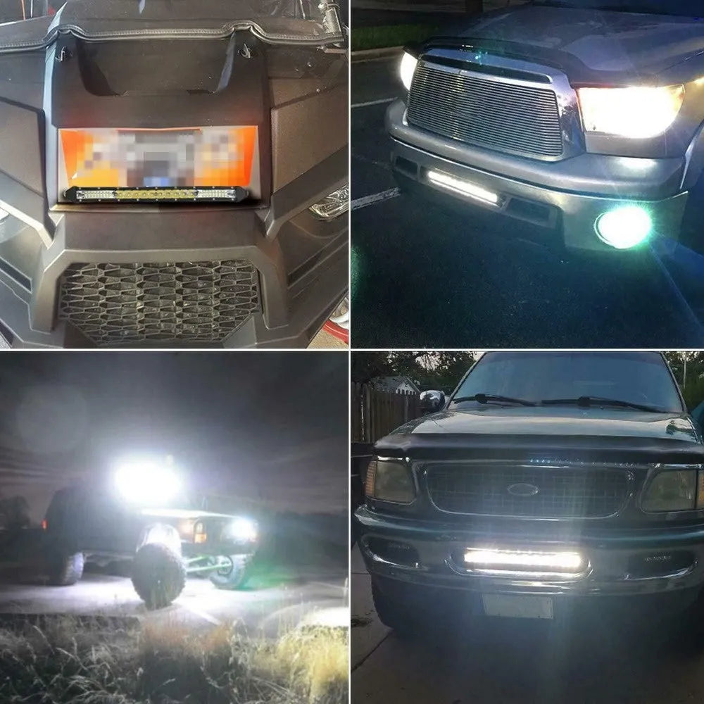 Ultra-thin single row white LED light bar for vehicle roof or bumper in three length options.