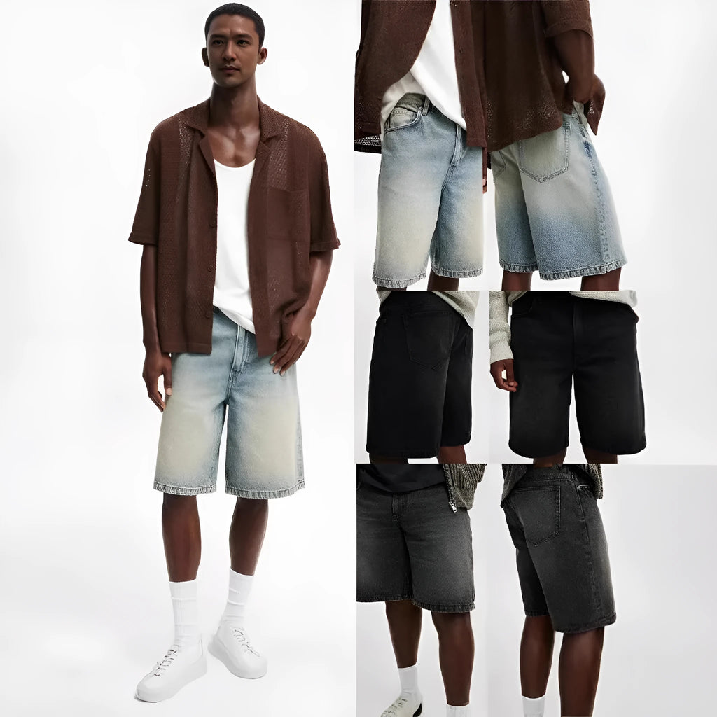 Man wearing loose straight leg jeans in light blue cotton denim, front and side view.