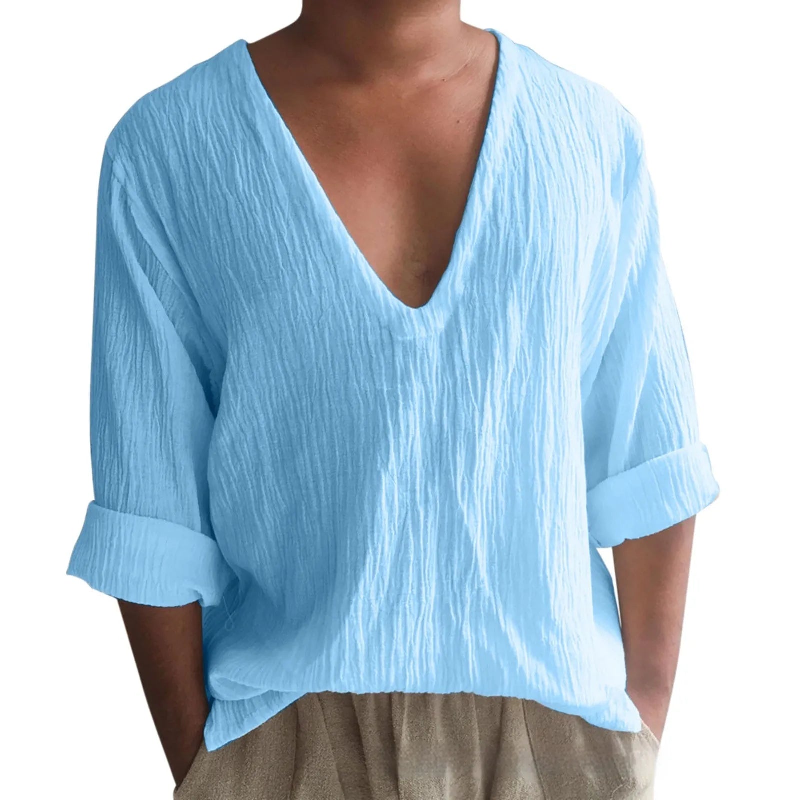 Men's solid colour long sleeve V-neck T-shirt in washed cotton and linen blend.