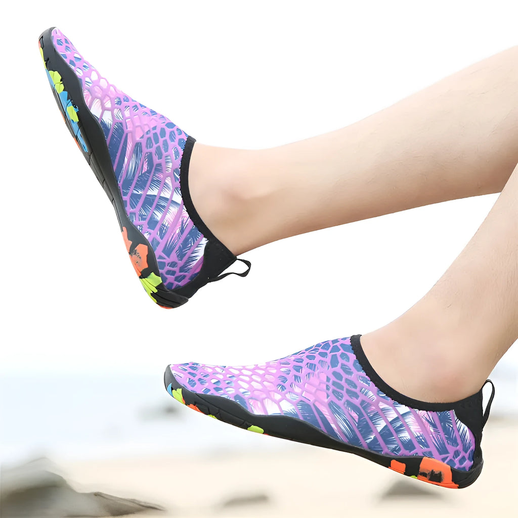 A pair of Lycra beach wading shoes with an EVA midsole, shown in camouflage colour.