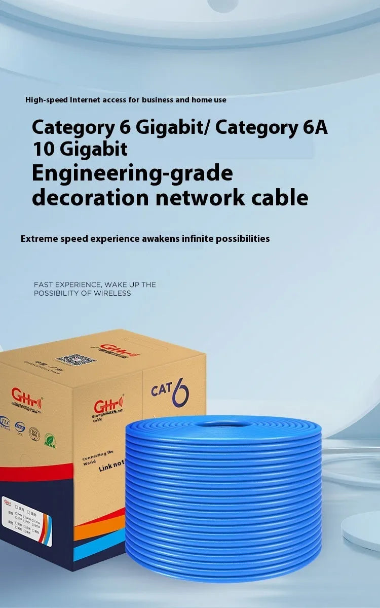 A box of blue 305-metre long Cat6/Cat6a oxygen-free copper network cable on a reel.
