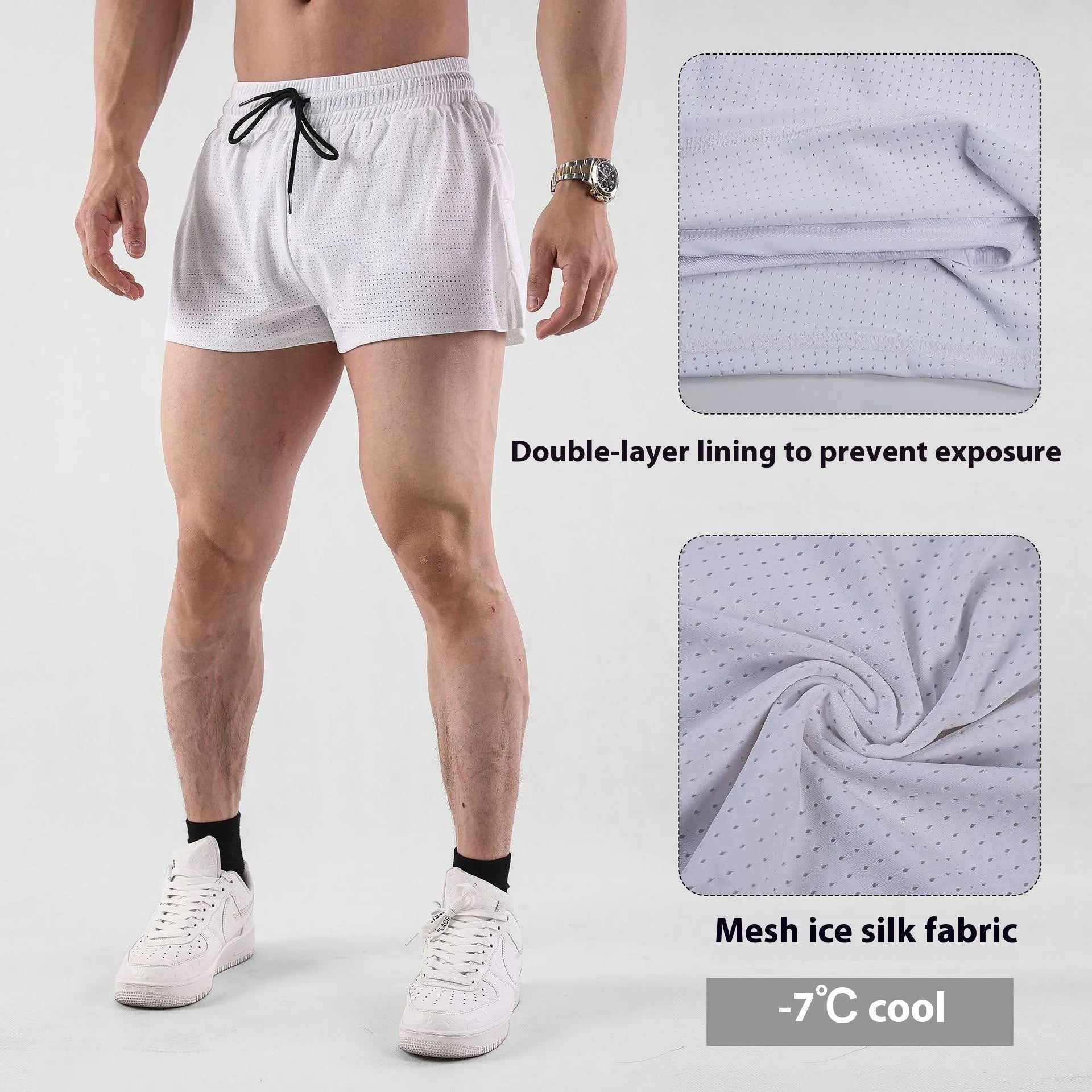 Man wearing black quick-dry nylon summer shorts, showing mid-waist sports leisure style.