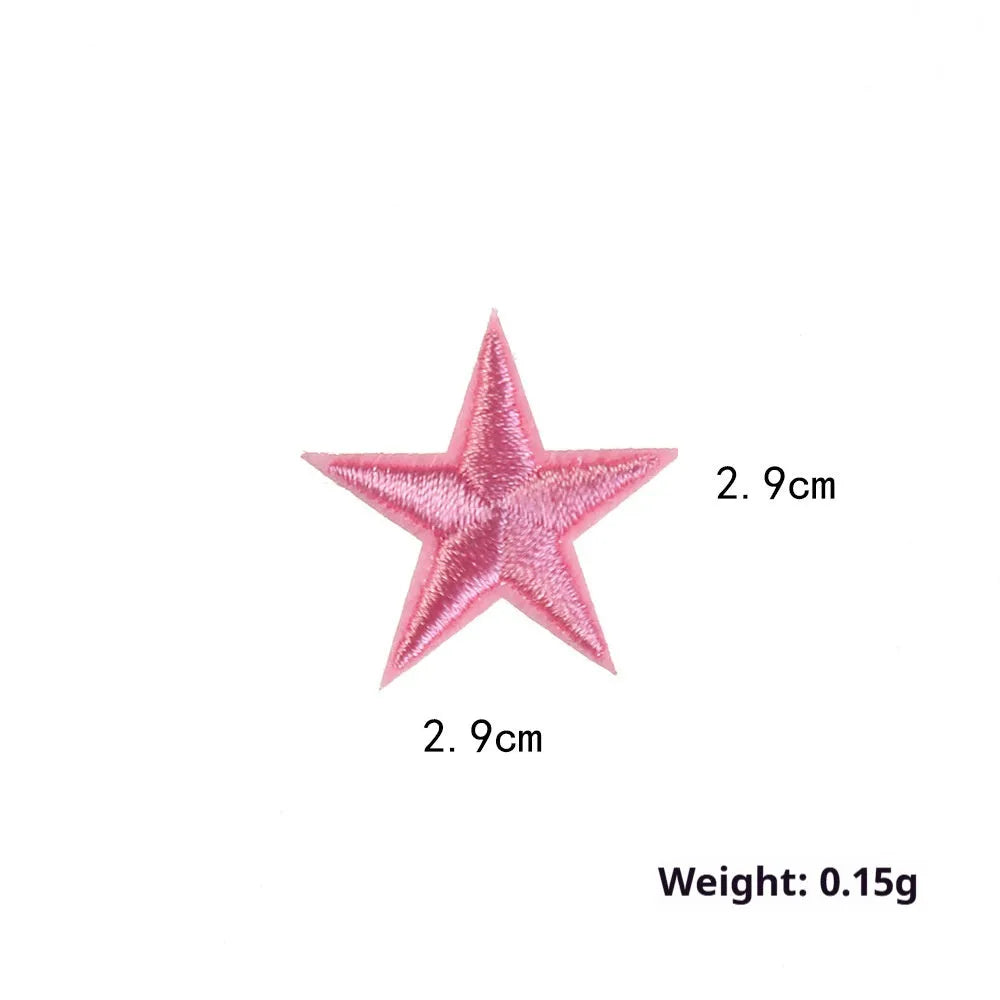 Colourful embroidered five-pointed star designs on cloth sticker labels for DIY clothing customisation.
