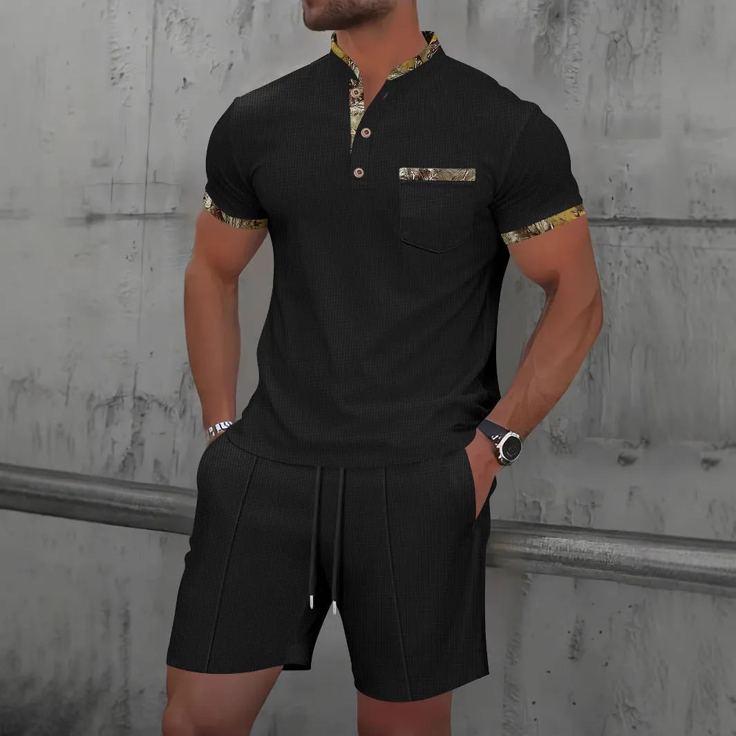 Men's waffle textured polo collar short sleeve suit set in cotton blend fabric with matching top and shorts