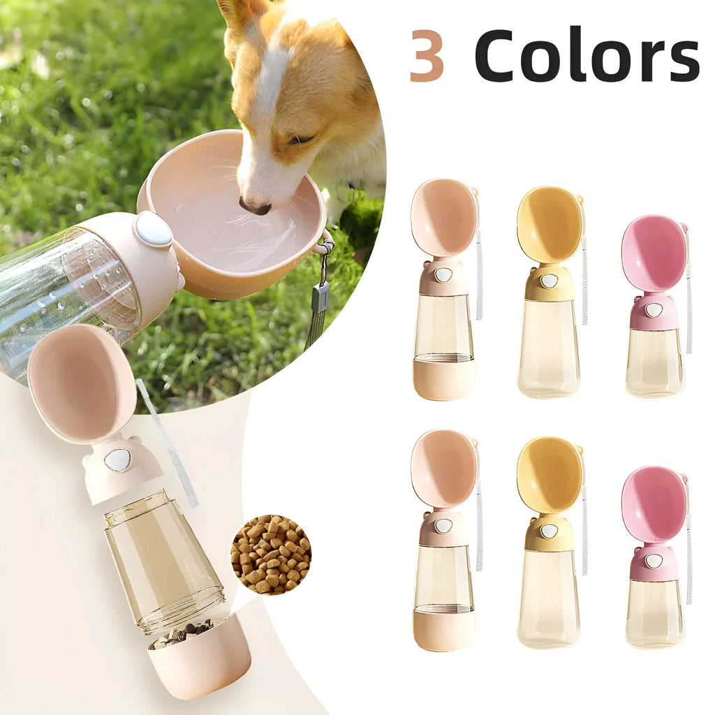 Portable dog water bottle with an attached feeding bowl in yellow, for outdoor travel.