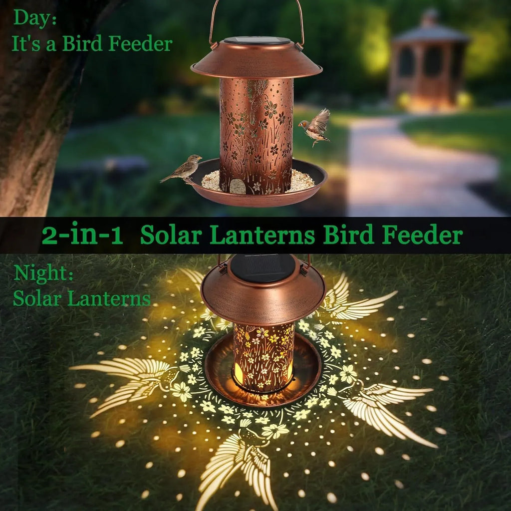 Solar-powered iron art bird feeder lamp with hummingbird pattern design for outdoor garden use