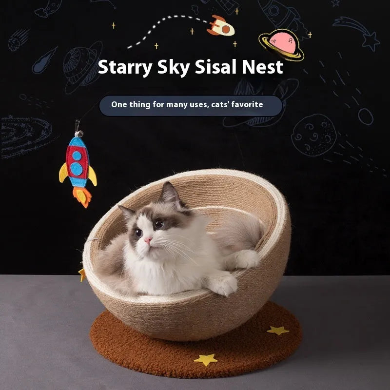Large cat scratching board with integrated flannel cat nest in Starlight colour on wood base