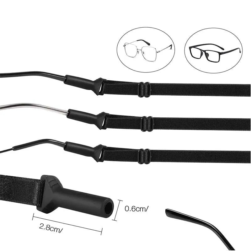 Black adjustable glasses cord with silicone ends and anti-skid fibre rope for eyewear retention
