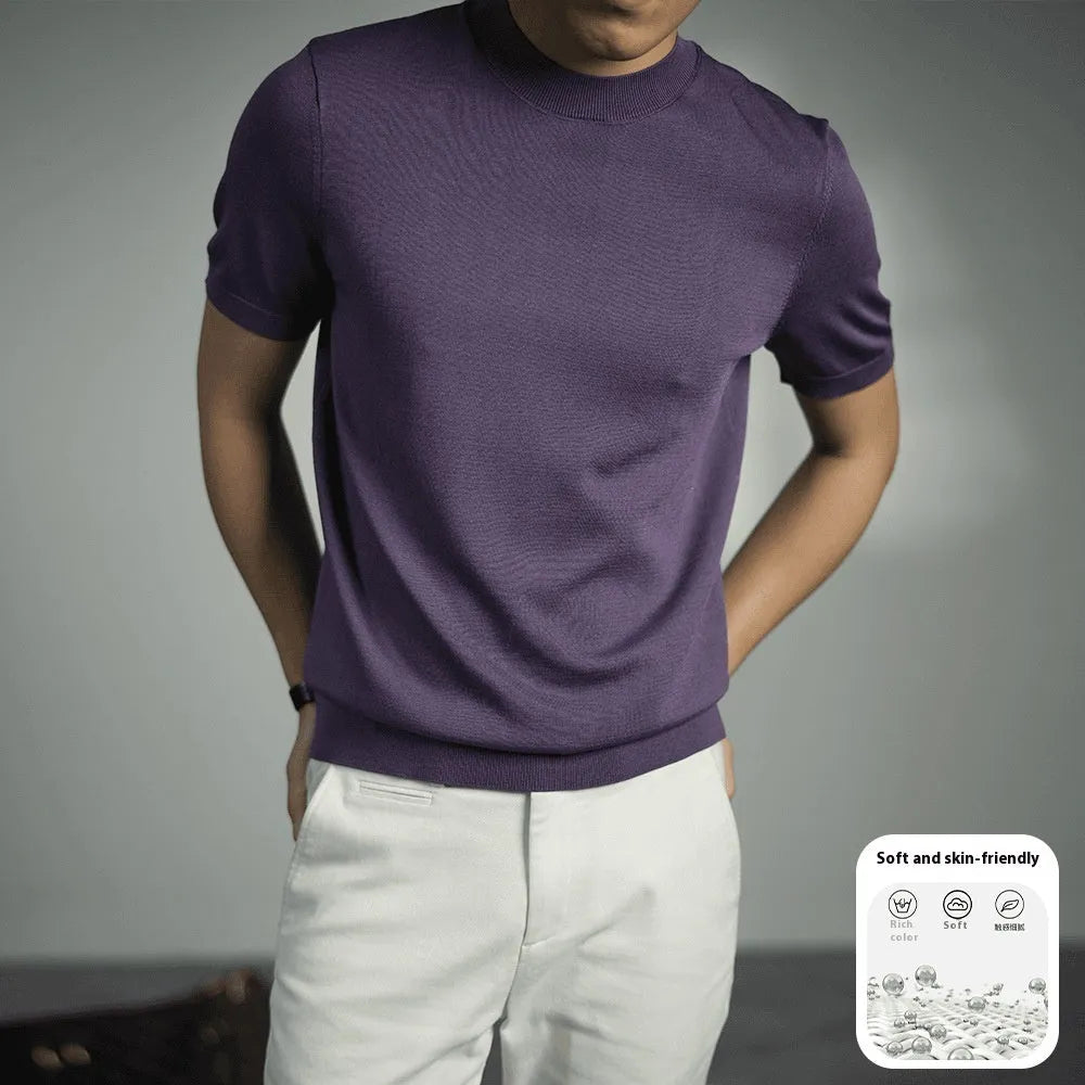 Men's knitted round neck T-shirt in chemical fibre blend with non-ironing treatment