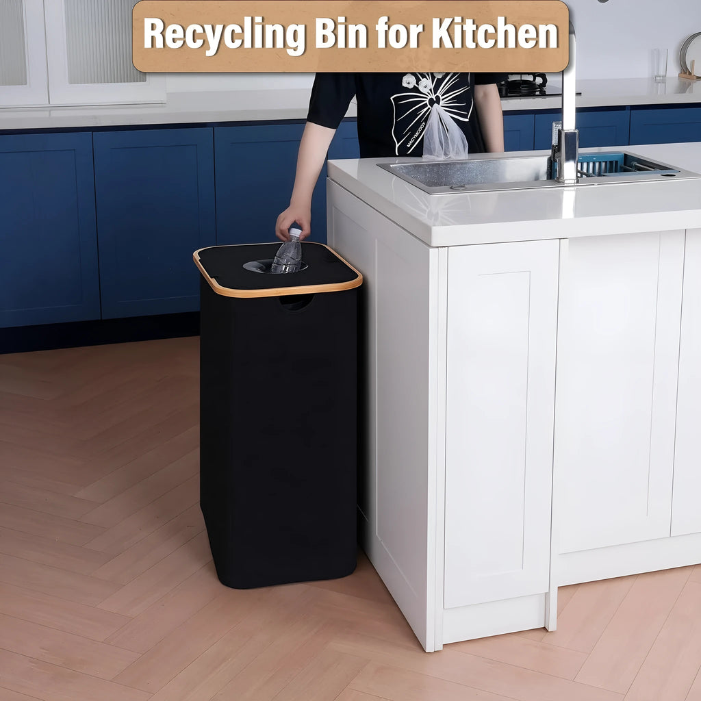 Black bamboo laundry basket with removable storage component and double inner pockets