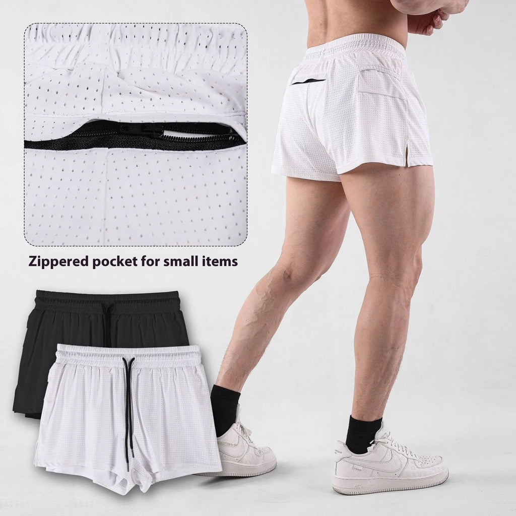 Man wearing black quick-dry nylon summer shorts, showing mid-waist sports leisure style.