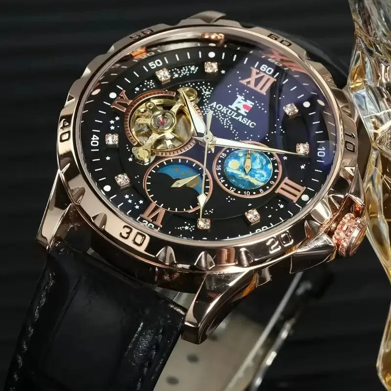 Black automatic mechanical watch with rose gold shell and hollow dial showing movement