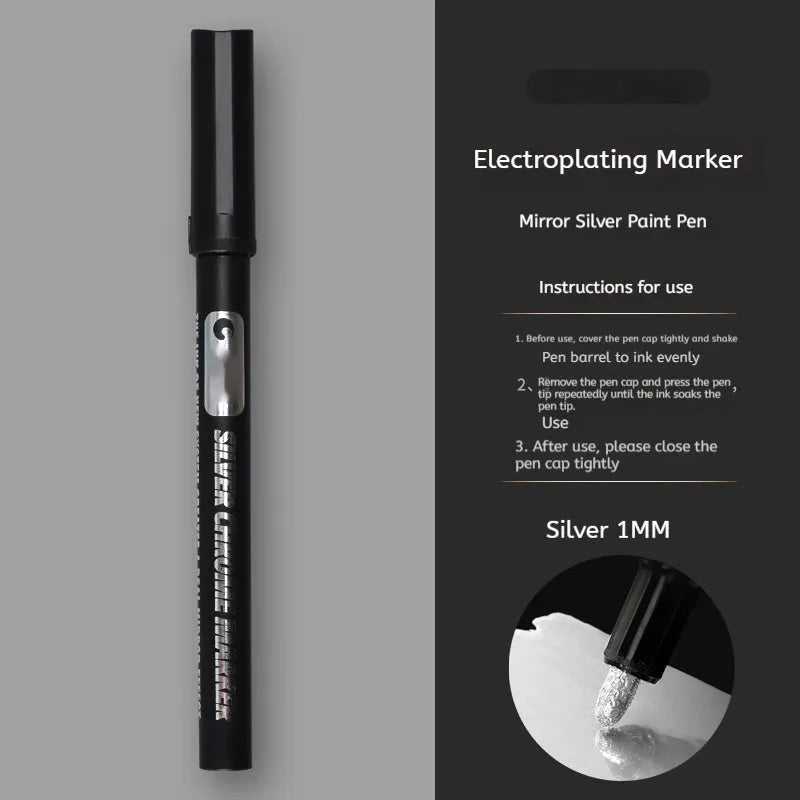 A plastic waterproof marker pen for writing on glass and mirrors, showing 1mm and 2mm tip size options.