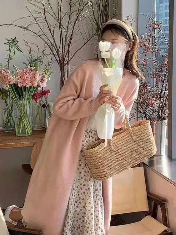 Women's V-neck knitted cardigan in khaki colour with long sleeves and mid-length cut