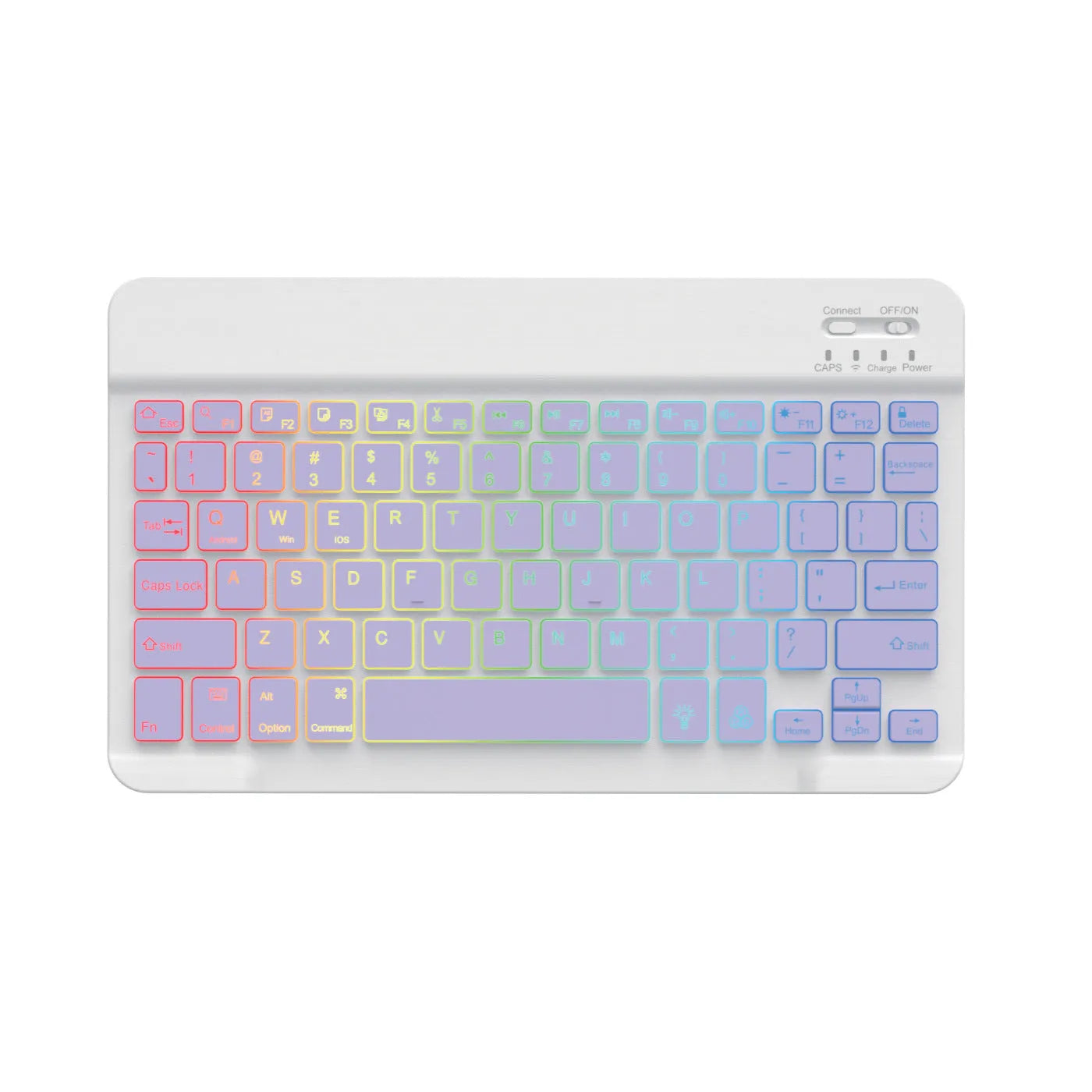 10-inch backlit Bluetooth keyboard for tablets showing eight colour options including black, white, pink, blue, green, purple, yellow, dark green