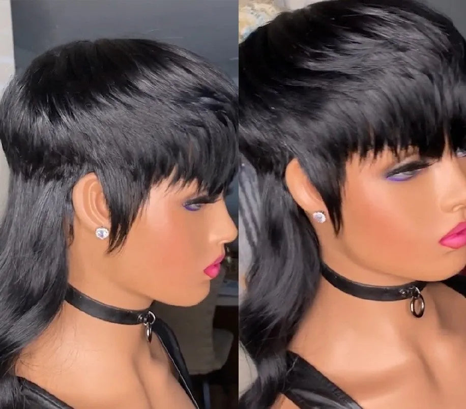Black Brazilian synthetic wig with styled bangs and long, layered back.