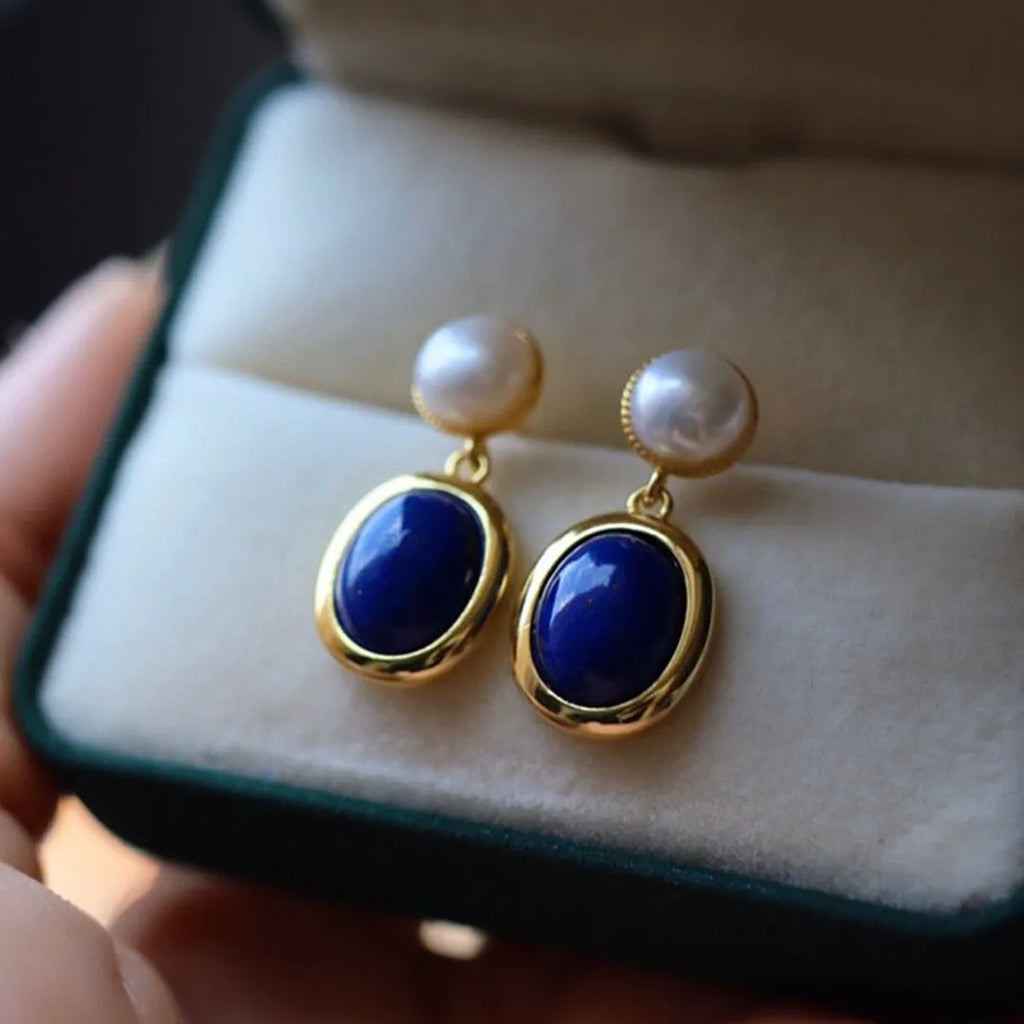 925 sterling silver earrings with natural lapis lazuli pearl and auspicious patterns
