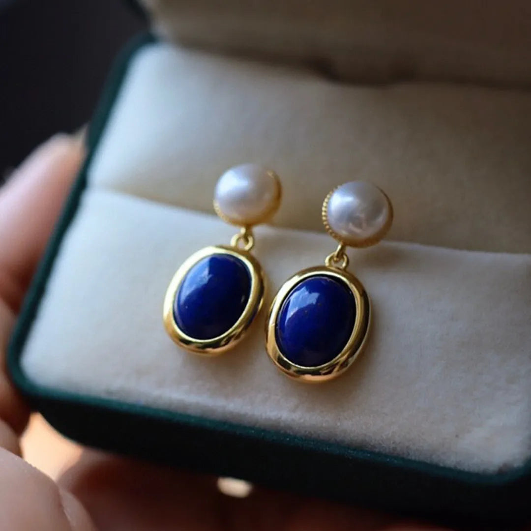 925 sterling silver earrings with natural lapis lazuli pearl and auspicious patterns