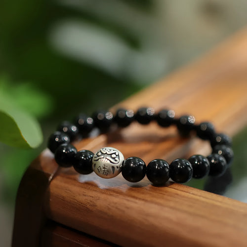 10mm black agate and sterling silver Chinese style bracelet manual construction