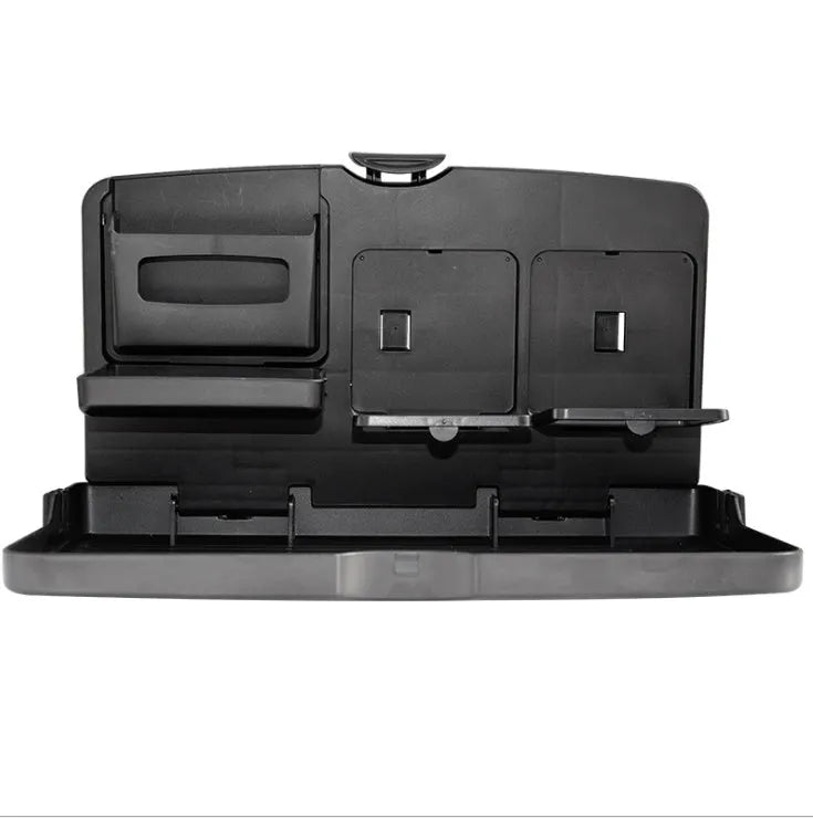 Car back seat folding table in black PP plastic with dimensions 340x200x30mm for holding drinks and phone