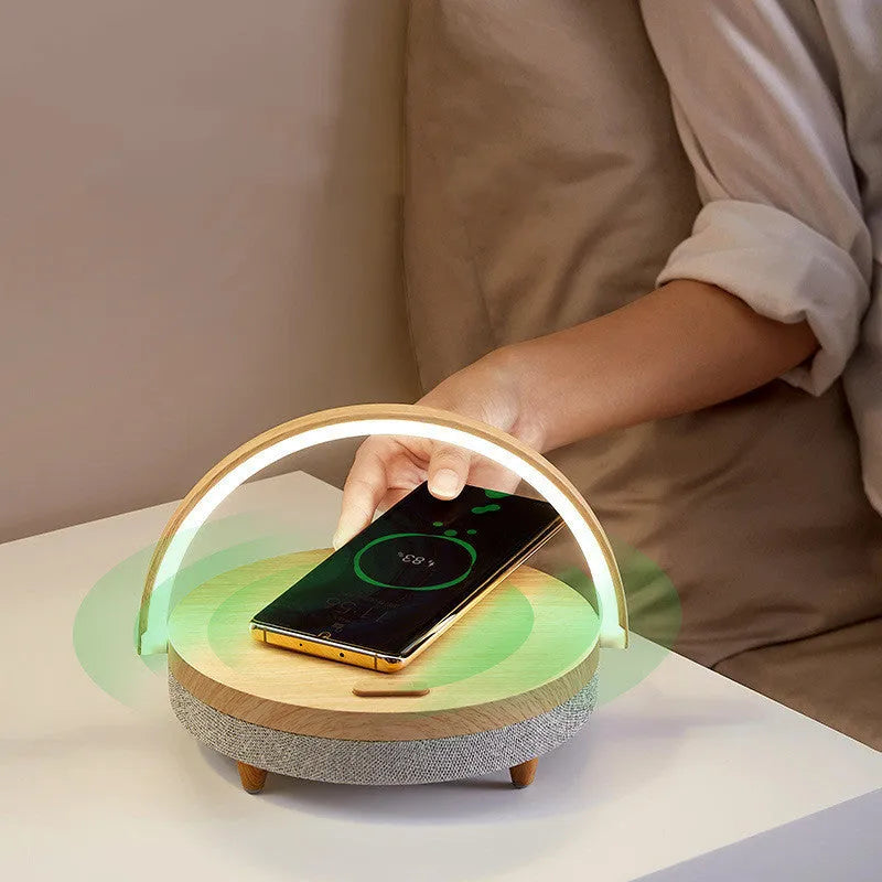 Wireless charging LED night light with Bluetooth speaker and mobile phone holder in marble pattern finish