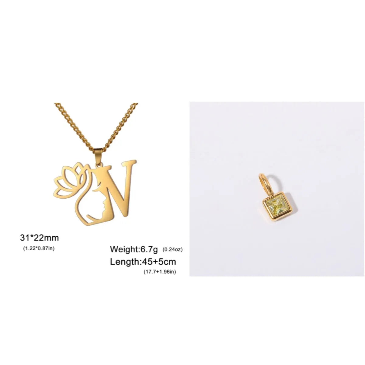 Stainless steel necklace with a single alphabet letter pendant on a cross chain, in gold or silver colour.