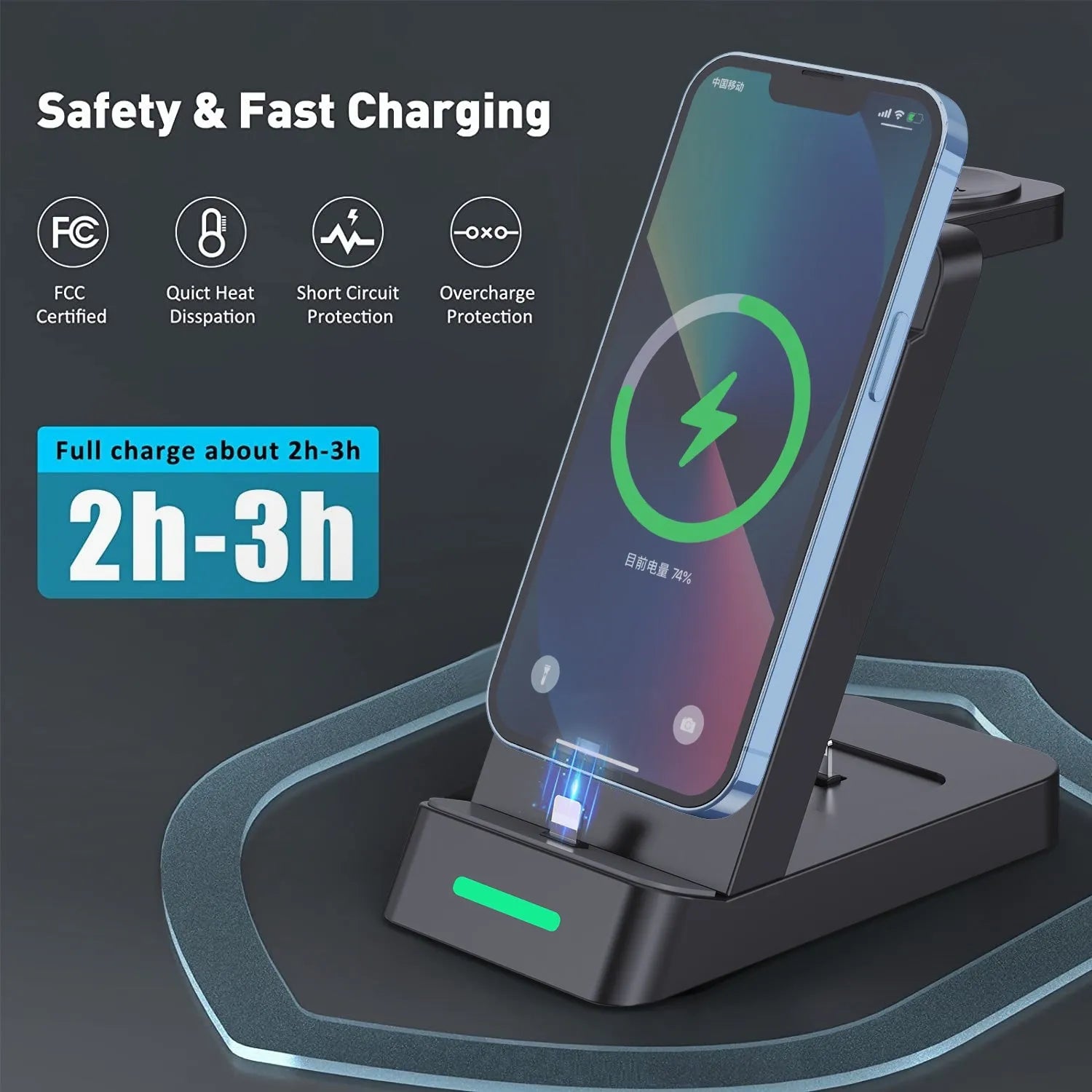 Black 3-in-1 wireless charging station for phone, AirPods and iWatch on a desk.