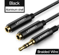 Short 0.2 metre black 3.5mm audio cable with gold-plated connectors next to grey and white colour options.