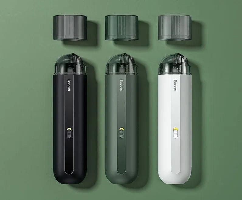 BASEUS wireless handheld car vacuum cleaner in black, white, or green with suction and blowing hose.