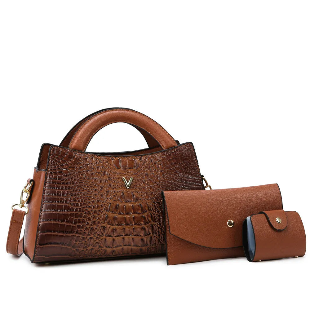 Square vertical women's crossbody handbag in crocodile-print PU leather, showing internal organiser pockets.