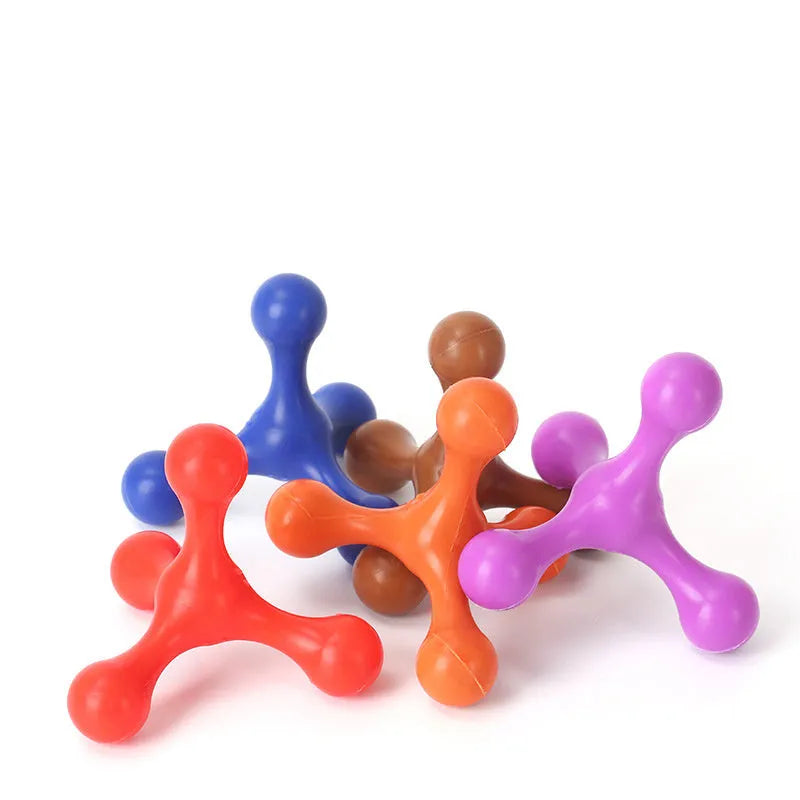 Blue silicone three-legged chew toy for puppy teething relief and dental cleaning