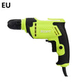 450W black pistol grip electric hand drill with a 10mm keyless chuck on a workbench.