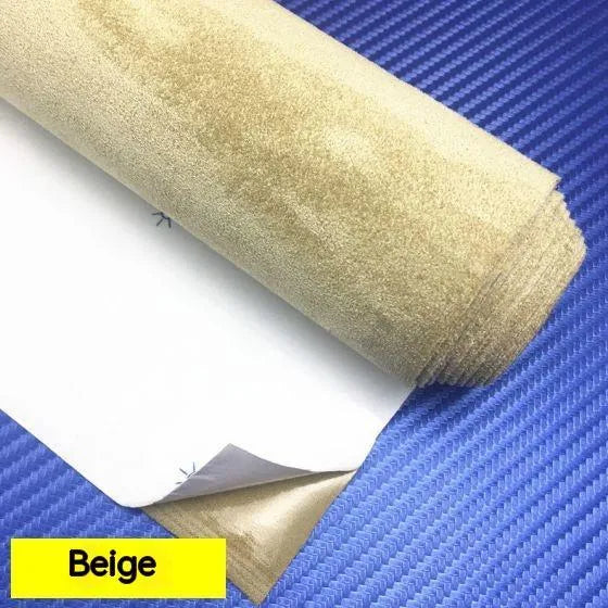 Self-adhesive suede fabric sheet in beige colour with adhesive backing visible, showing size options for interior decoration.