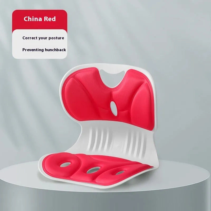 Memory foam backrest cushion with a securing strap shown in a grey colour on a chair.
