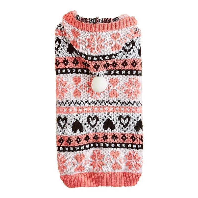 Knitted acrylic dog sweater with striped camouflage pattern and snowflake love design for small breeds