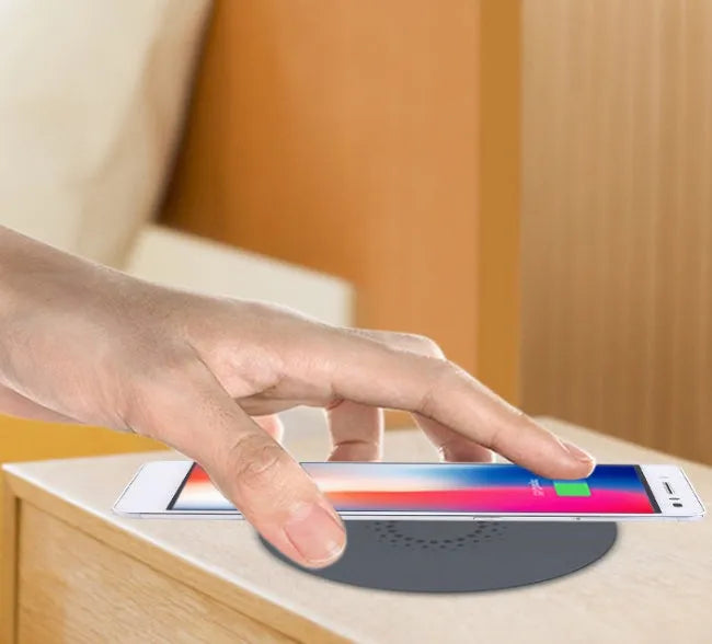 60mm round embedded wireless phone charger for furniture installation with smartphone compatibility logos