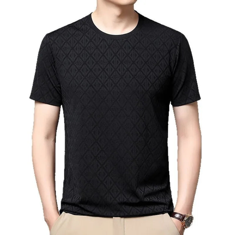 Men's round neck jacquard short sleeve t-shirt in ice silk fabric, loose fit casual pullover