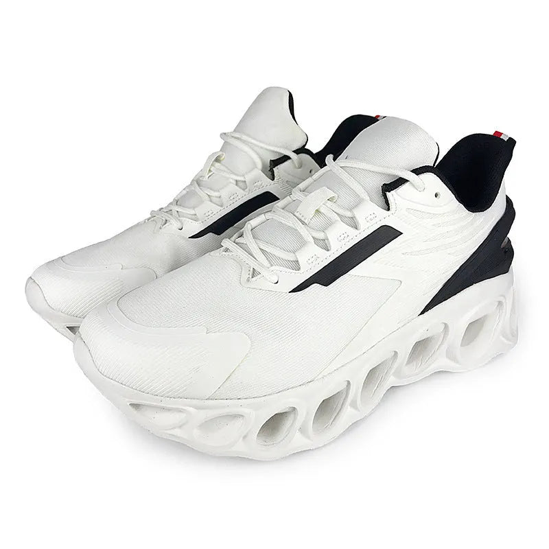 Men's black breathable mesh casual sports trainers with lace-up front and white EVA sole.