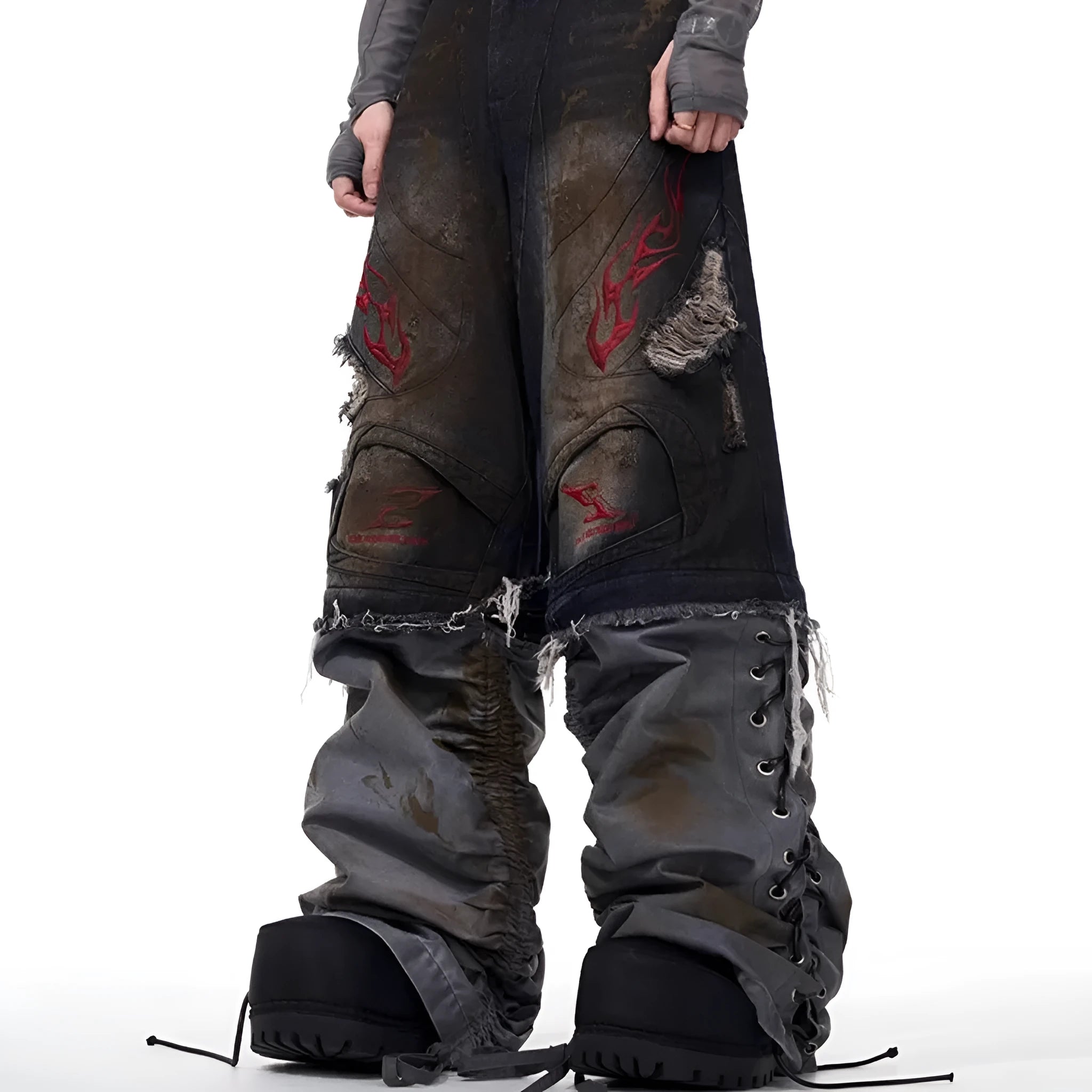 Men's retro jeans with detachable trouser legs in denim, shown in loose wide-leg fit.