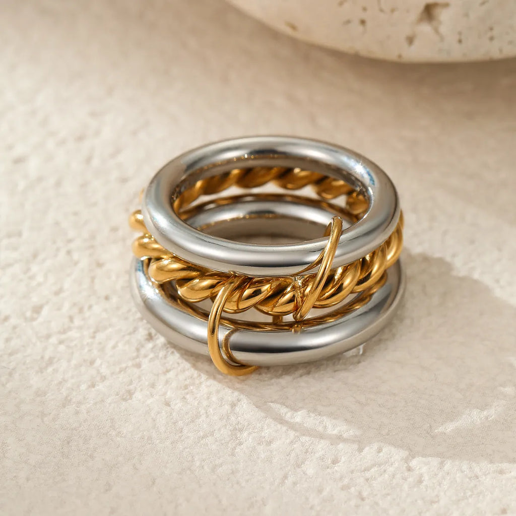 Stacked colour matching stainless steel ring set with 18K gold plating in free size