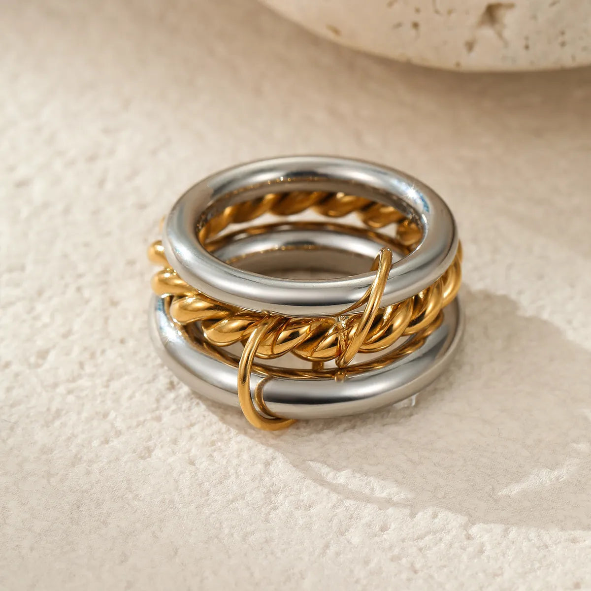 Stacked colour matching stainless steel ring set with 18K gold plating in free size