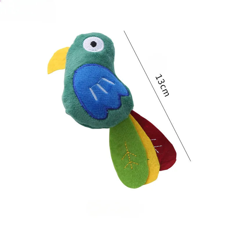 Plush parrot-shaped cat toy with catnip on a plain background.