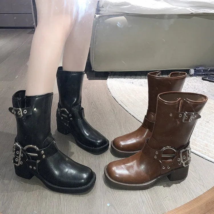 Women's platform boots with belt buckle detail in middle calf length, black and brown colour options