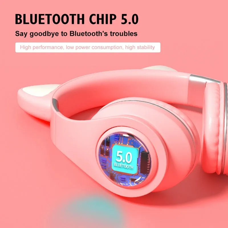 Cat ear wireless sports Bluetooth headset in various colours showing head-mounted design and earpieces