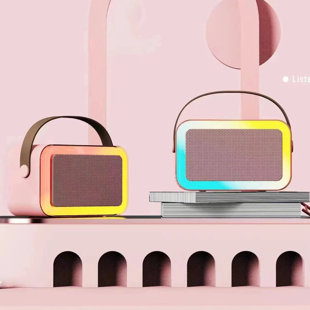 Portable white, pink, or sky blue Bluetooth karaoke microphone speaker with coloured lights.