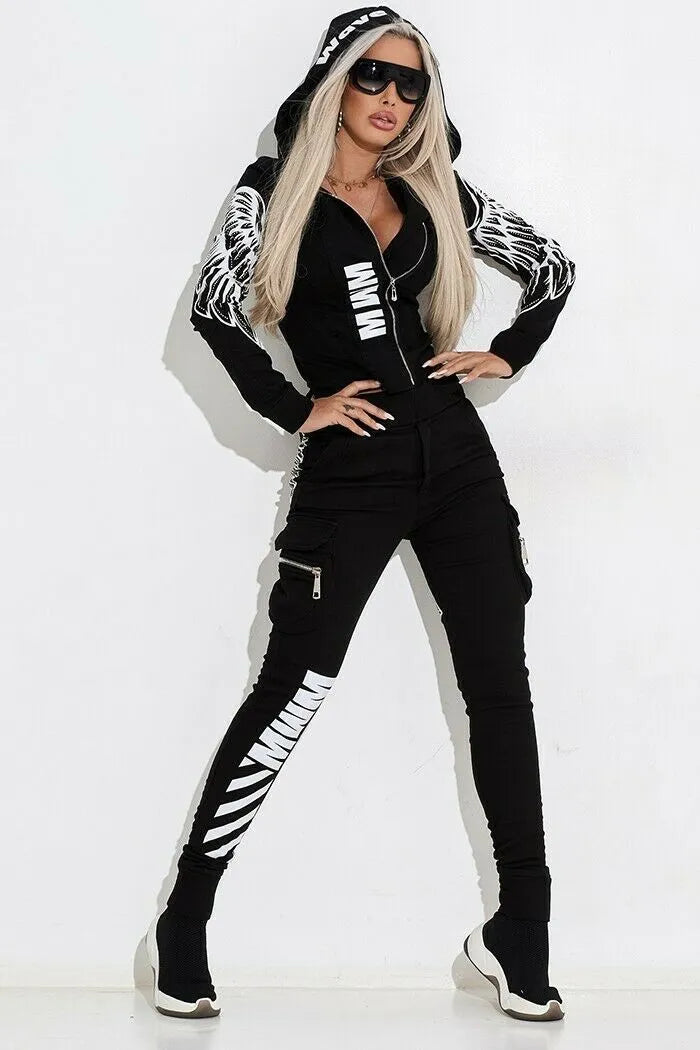 Women's black casual suit with wings printing, hooded zipper jacket and matching trousers