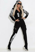 Women's black casual suit with wings printing, hooded zipper jacket and matching trousers